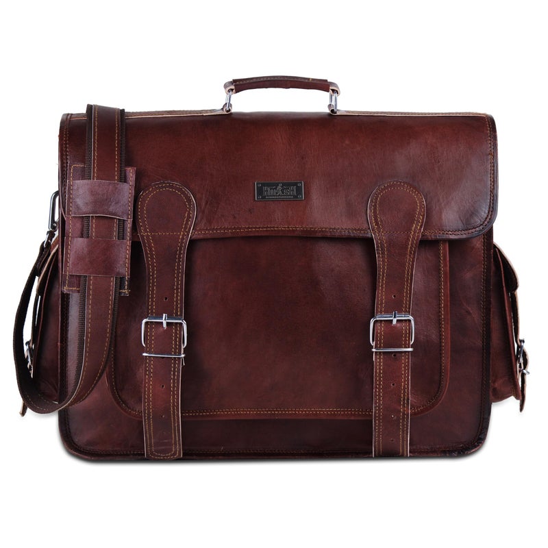 HULSH Brown Leather Messenger Bag For Men 18 Inch Big Women Shoulder Cross Body Brown Laptop Computer Briefcase Bag - Best Vintage Look - Image 4